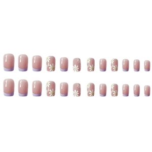 Short square press-on nails with purple French tips and white daisy floral patterns