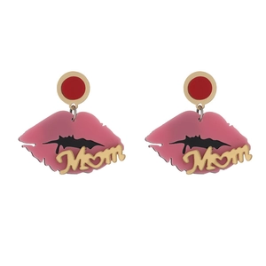 Red lip acrylic earrings with golden Mom letter drop for Mother's Day jewelry