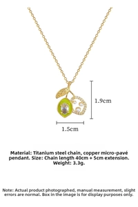 Detail of titanium steel necklace with lemon pendant showing size and material specs