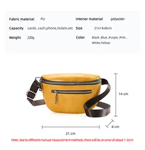 Size chart showing 21x14x8cm dimensions and PU material specs for the women's sling bag