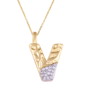 Collier pendentif lettre V bicolore avec texture martelée dorée et cristaux argentés
