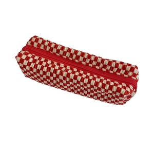 Red and white checkerboard velvet pouch for makeup and stationery with zipper closure