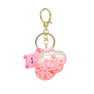 Pink cloud sand bottle keychain with bear acrylic charm and golden metal ring