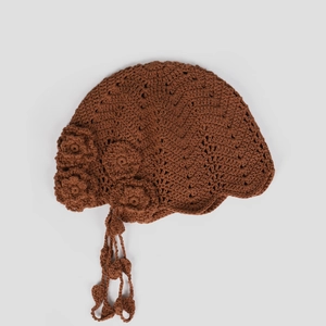 Handmade Crochet Flower Beanie Hat Retro Bohemian Cotton Hollow Out Tassel Sweet Elegant Headwear For Women