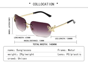 Detailed size chart for rimless butterfly sunglasses with gradient purple lenses