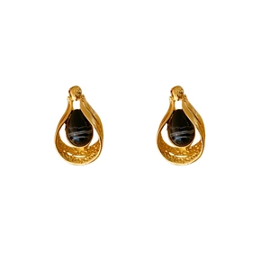 French vintage gold drop earrings with dark teardrop onyx stones and metal frame