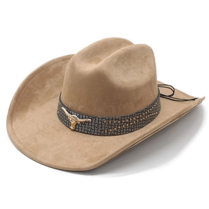 Classic light brown suede cowboy hat with metallic bull head emblem on decorative band