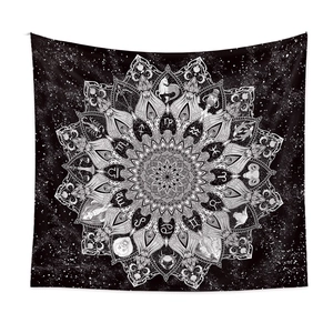 Black and white mandala tapestry featuring detailed 12 zodiac symbols and starry sky