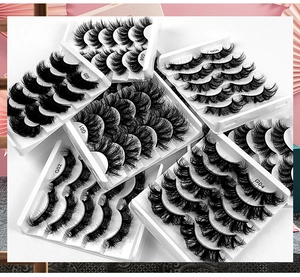 Detailed grid of multiple 5-pair packs of thick messy curly false eyelashes in black