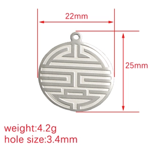 Polished silver stainless steel Xi character round charm with 22mm diameter and size specs
