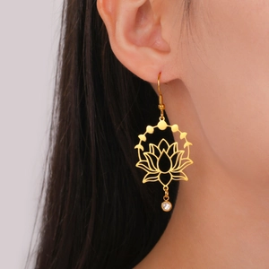 Détail de la boucle d'oreille lotus dorée avec zircon brillant portée par le modèle