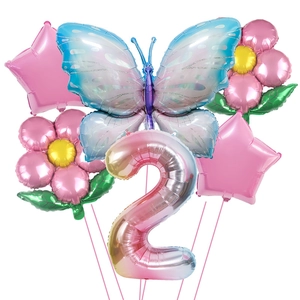 Set de 6 ballons papillon avec grand chiffre 2 dégradé et ballons fleurs et étoiles roses