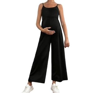 Bequemer schwarzer Umstands-Jumpsuit mit weitem Bein und elastischem hohen Taillenbund