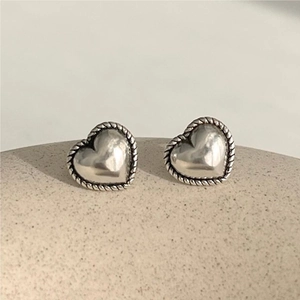 Heart Stud Earrings 925 Sterling Silver With Twisted Rope Border Vintage Minimalist Jewelry Gift For Women