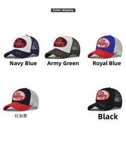 Vue détaillée de cinq casquettes trucker avec broderie Go Happy en diverses couleurs