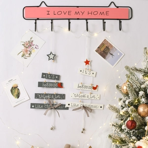 Christmas Tree Wood Hanging Decoration With Red Bird Plaid Bow Letter Print Beads Metal Bell Holiday Home Wall Door Ornament