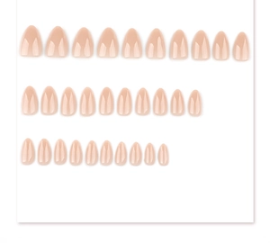 Detailed flat lay of 30 pieces nude almond-shaped press-on nails with glossy finish