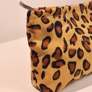 Vintage leopard print corduroy makeup bag with durable metal zipper for travel storage