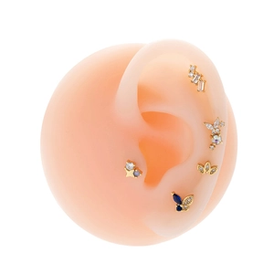 Gold butterfly and star titanium steel cartilage studs set on a silicone ear model