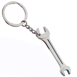 Detailed close-up of a mini silver metal adjustable wrench tool pendant keychain