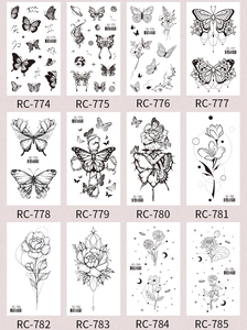 Grid view of twelve black butterfly and floral tattoo sticker sheets with model numbers