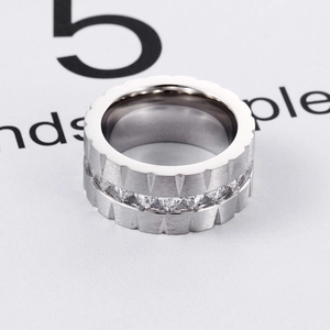 Polished silver titanium steel wide ring with square zircon stones and gear edges
