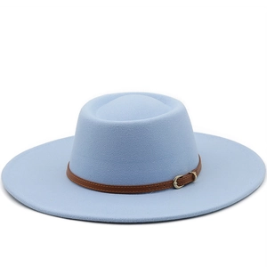 Wool Felt Fedora Hat Flat Top Wide Brim Vintage Unisex Outdoor Panama Boater Hat With Leather Belt Buckle Decoration