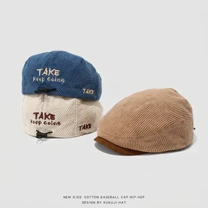 Kinderen Corduroy Platte Pet Verstelbaar Letter Borduurwerk Retro Baret Voor Peuters Jongens Meisjes Herfst Hip Hop Street Style