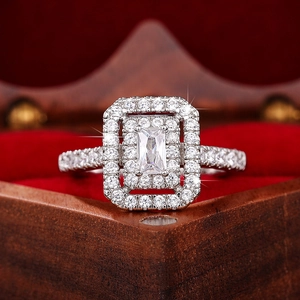 Rechthoekige Zirconia Dubbele Halo Ring Koper Witgoud Verguld Elegante Sieraden Voor Dames Bruiloft