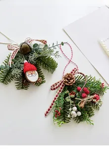 Flat lay of Santa Claus wood slice ornament with pine needles and Christmas bells