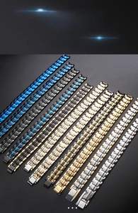 Detailed view of titanium steel bracelets with link patterns in various metallic finishes