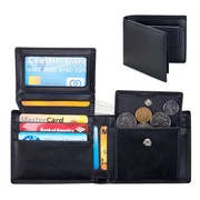 Macro view of black leather wallet interior featuring card slots and coin pocket