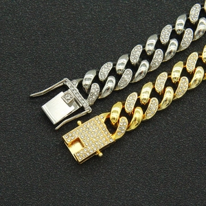 13mm Miami Cuban chain necklace in gold and silver finish with sparkling rhinestones