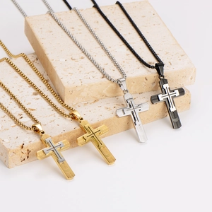 Cross Pendant Necklace 304 Stainless Steel Layered Double Layer Textured Hip Hop Retro Jewelry For Men