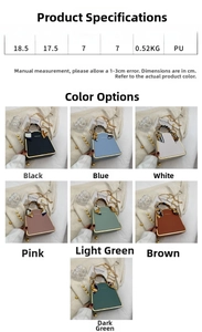 Detailed size chart and multi-color collection of PU leather box bags with chain strap