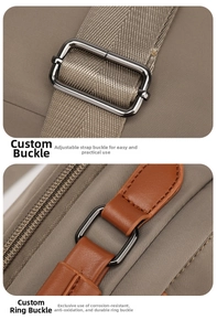 Detail of waterproof nylon handbag showing matte metal adjustment buckle and leather trim