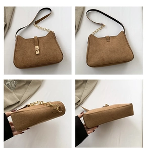 Multi-angle views of brown suede shoulder bag with gold chain strap and metal lock