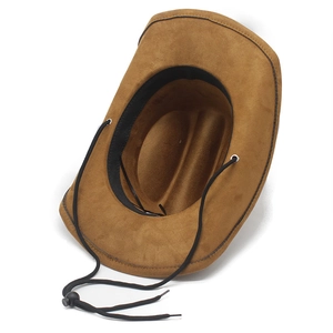 Close-up of brown suede cowboy hat featuring adjustable wind rope and metal eyelets