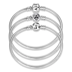 Three silver snake chain bracelets featuring square, heart, and spherical clasp designs