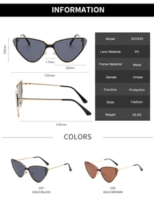 Detailed dimension guide for metal cat-eye sunglasses model S22333 with size markings