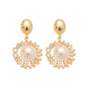 Vintage 18k gold plated pearl drop earrings with sparkling zircon halo on white background