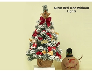 Detail of 60cm snow flocked Christmas tree with red bows and burlap base snowman