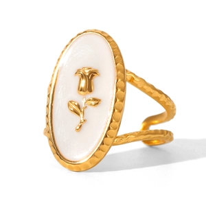 French vintage gold open ring with white oval rose relief and hammered texture surface