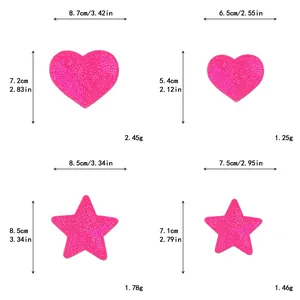 Detailed size chart for heart and star sequin patches in centimeters and inches