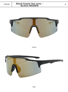Close-up of black matte cycling sunglasses with brown mirror lenses showing front and side views