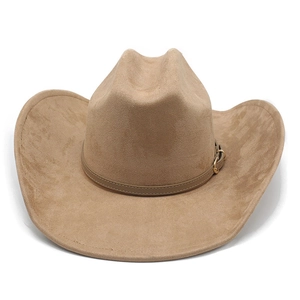 Detail of camel wool felt western cowboy hat featuring a leather strap and gold buckle