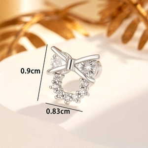Elegant silver bow stud earrings with zircon inlay, size measuring 0.9cm by 0.83cm