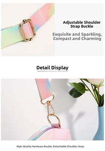 Detail showing adjustable rainbow gradient strap and gold-tone metal hook on pink bag