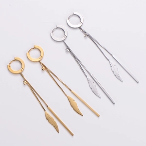 Long Tassel Feather Earrings Stainless Steel 18K Gold Plated Rhinestone Dangle Drop Jewelry Fashion Accessories Women