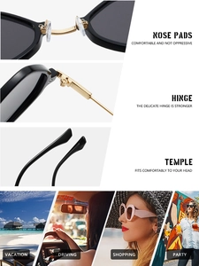 Detail view of adjustable silicone nose pads, metal hinges and curved temples on punk sunglasses
